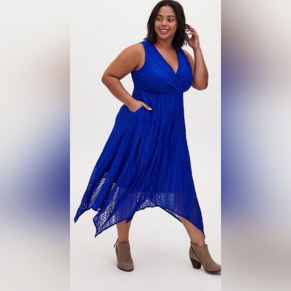 Torrid- New! Electric blue, handkerchief lace dress. Has pockets